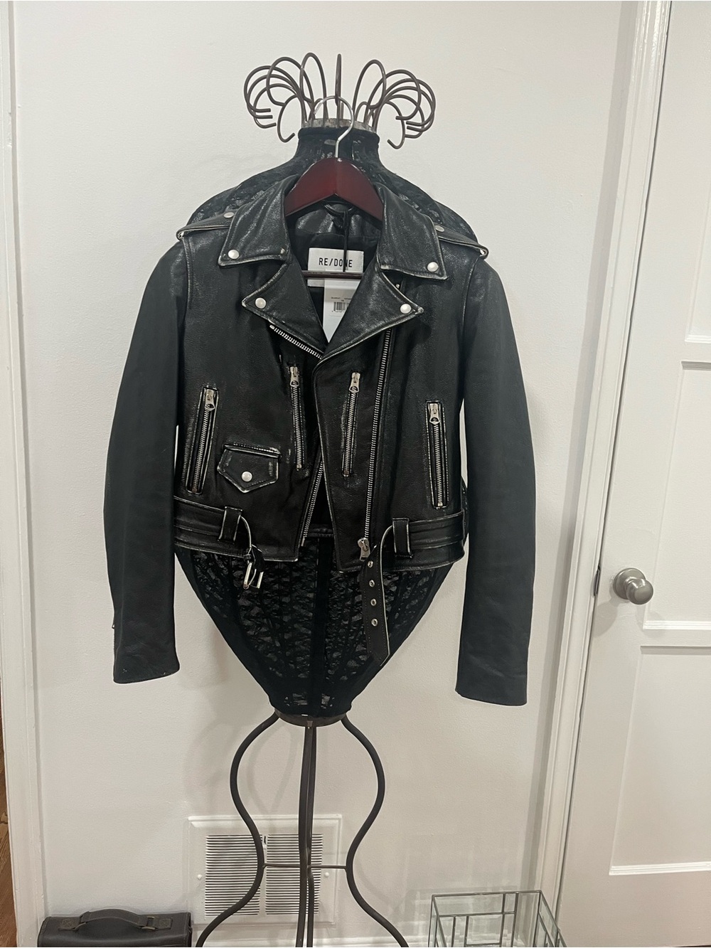 Re/Done Black Leather Biker Jacket with Zip Details